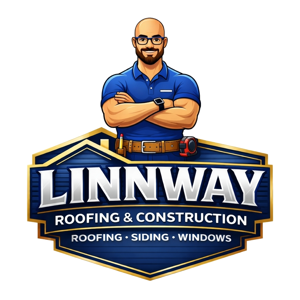 Logo for Linnway Roofing & Construction: Man with crossed arms, text "Linnway" and "Roofing & Construction".
