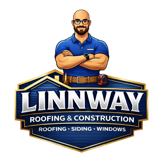 Logo for Linnway Roofing & Construction: Man with crossed arms, text "Linnway" and "Roofing & Construction".