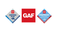 GAF logo centered between two certification badges on a white background