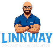 Logo for Linnway Roofing & Construction: Man with crossed arms, text "Linnway" and "Roofing & Construction".