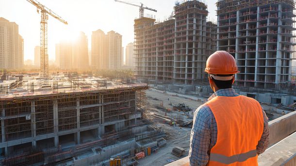 A construction worker is standing on a balcony overlooking a construction site.