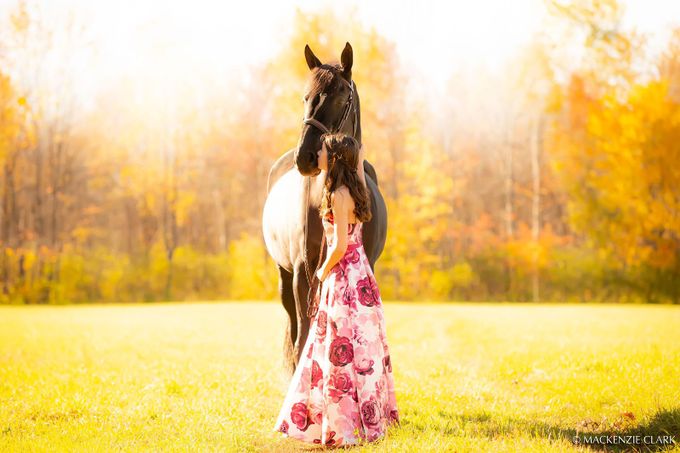 a young girl in a beautiful dress next to a horse