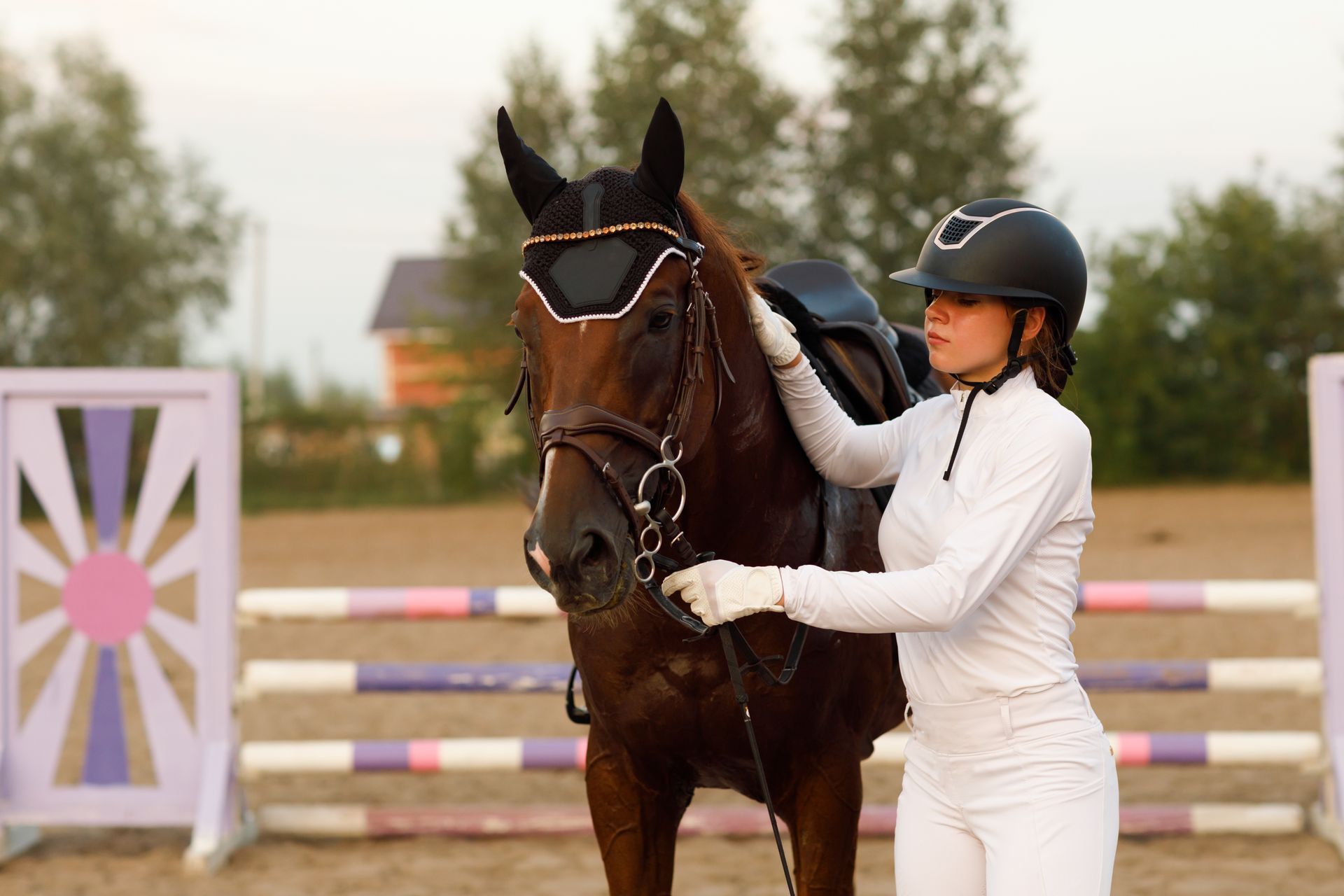 A woman is standing next to a brown horse.