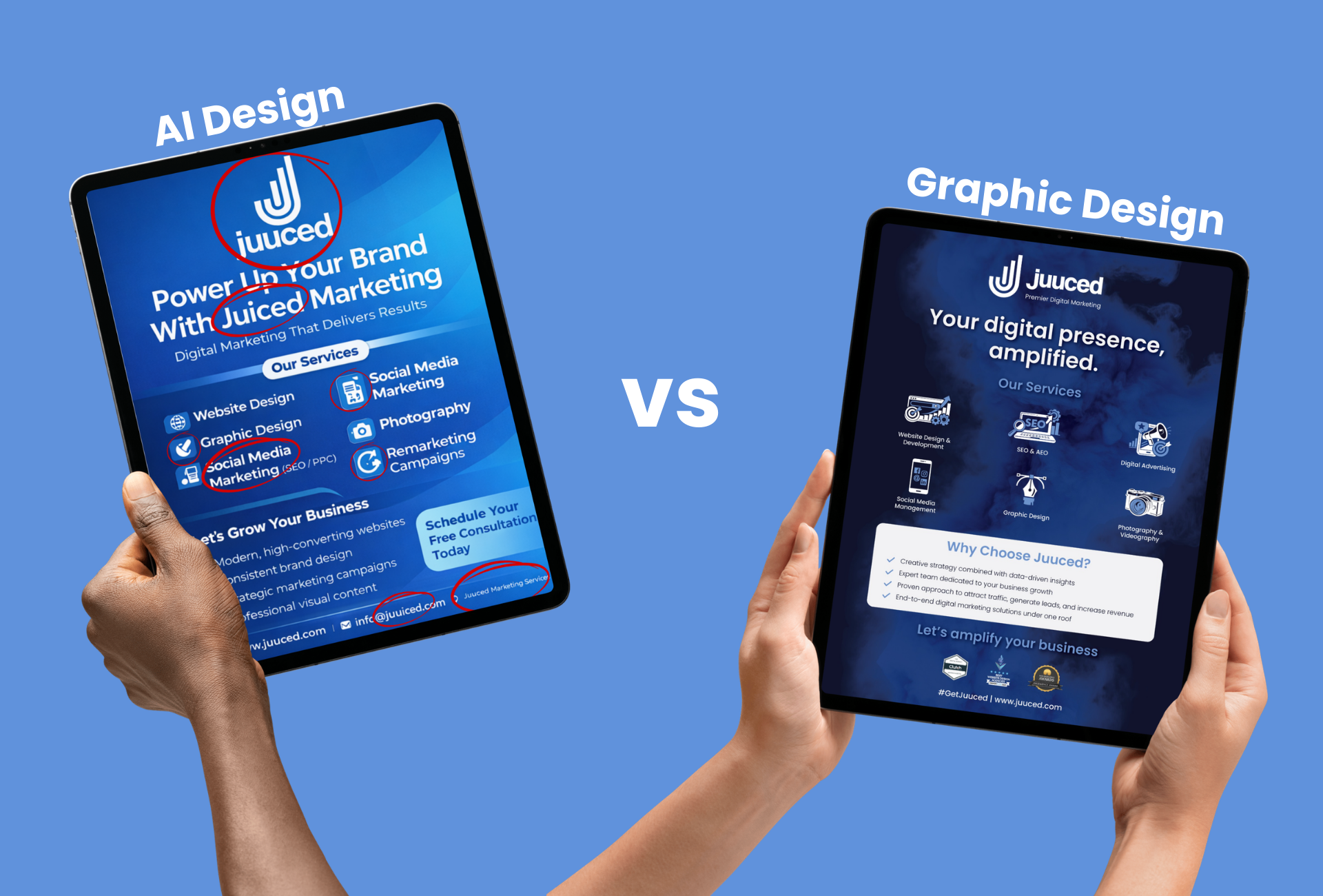 AI-generated graphic vs. professionally designed graphic for Juuced Marketing. 