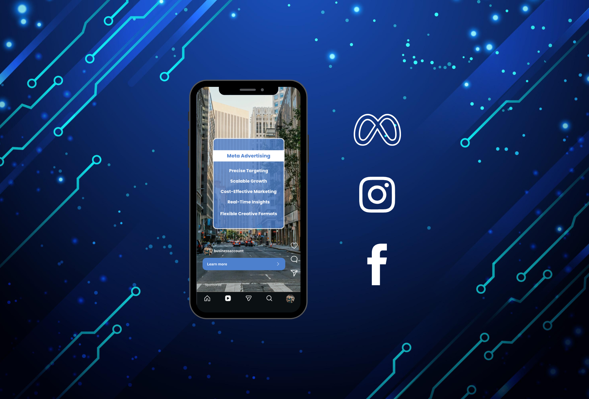 Instagram ad promoting Meta advertising services, featuring Facebook, Instagram, and Meta logos.