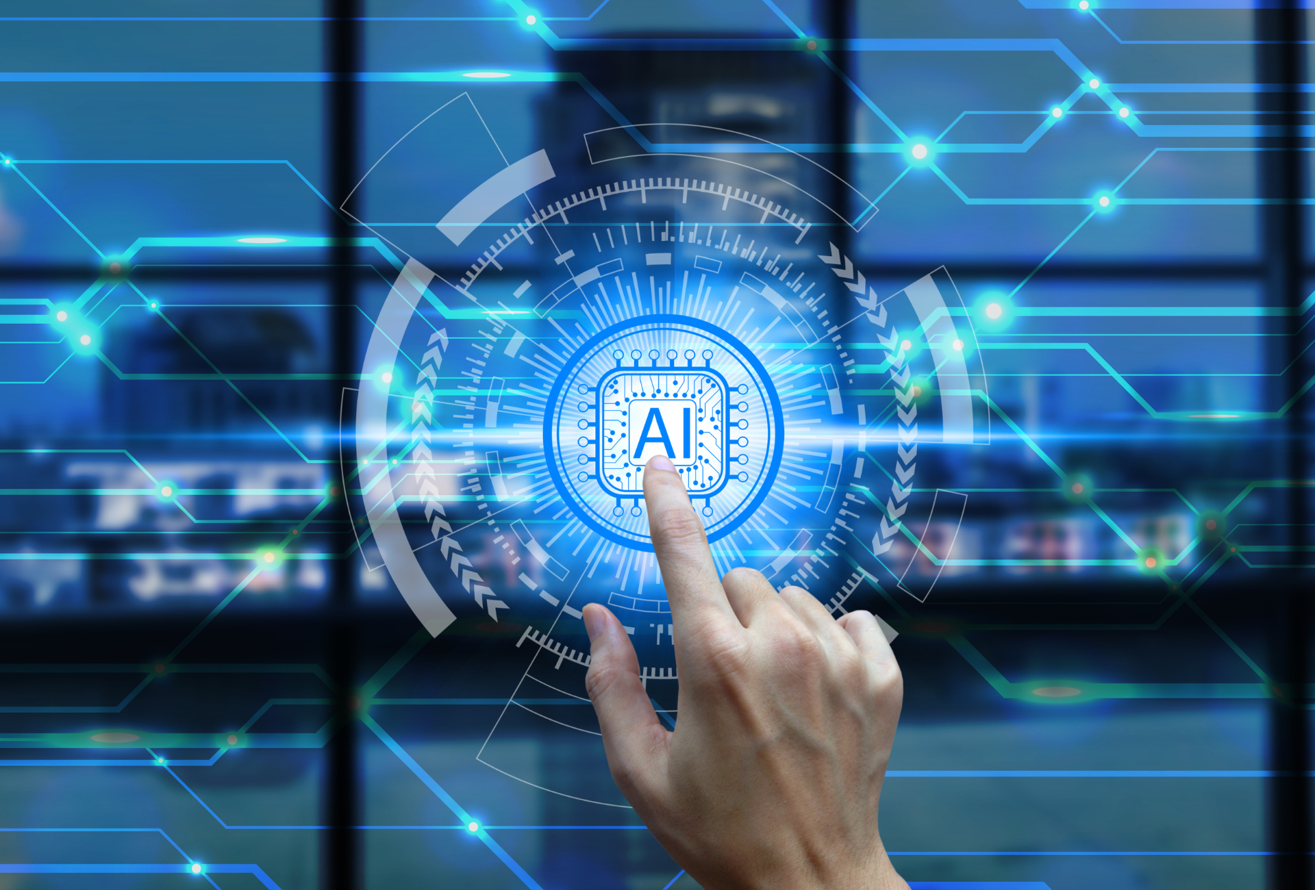 AI graphic featuring a finger pressing the AI like a button. 