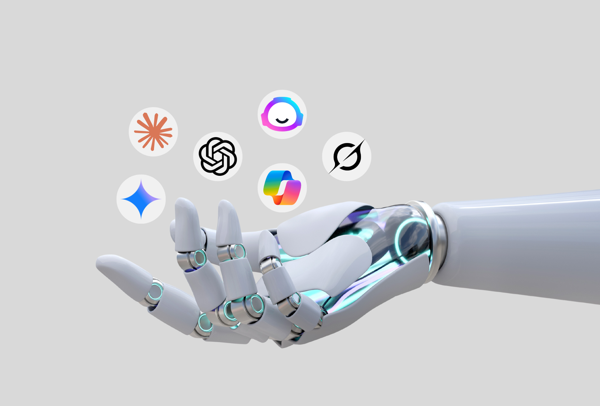 A robotic hand reaching upward surrounded by floating logos representing popular AI platforms.