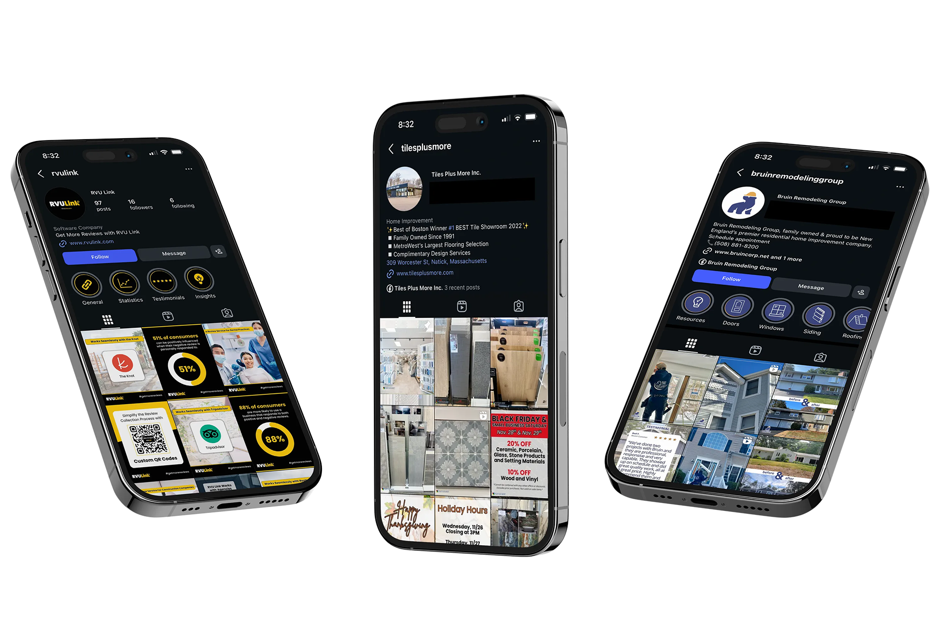 Three smartphones displaying dark-themed app screens on a white background