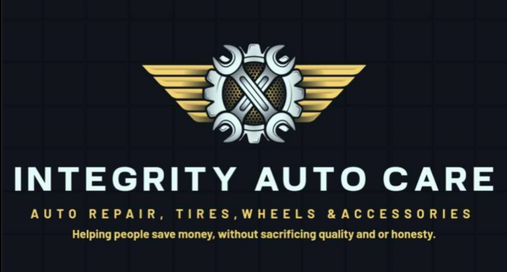 Logo for Integrity Auto Care: silver gear with wings, wrenches, and text promoting auto repair.