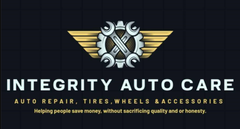 Logo for Integrity Auto Care: silver gear with wings, wrenches, and text promoting auto repair.