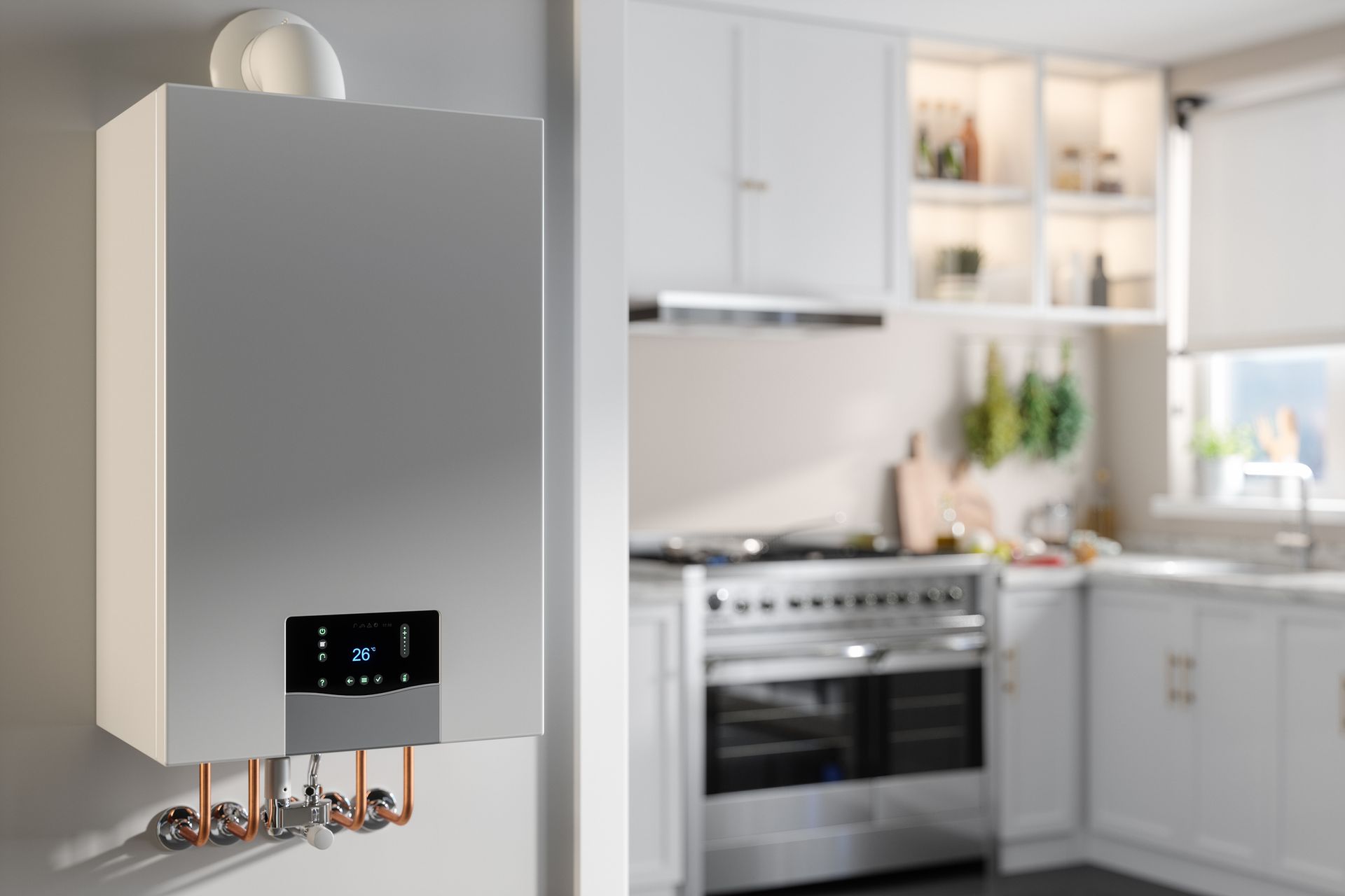 Wall-mounted gas boiler in a kitchen, with copper pipes and a digital display.