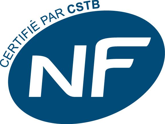 Logo de certification NF bleu avec lettres blanches et texte incurvé « Certifié par CSTB »