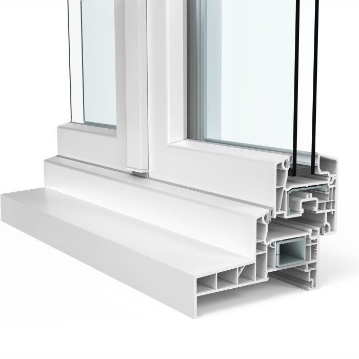 Cadre de fenêtre blanc avec une vue en coupe du profilé en aluminium et du seuil sur fond clair