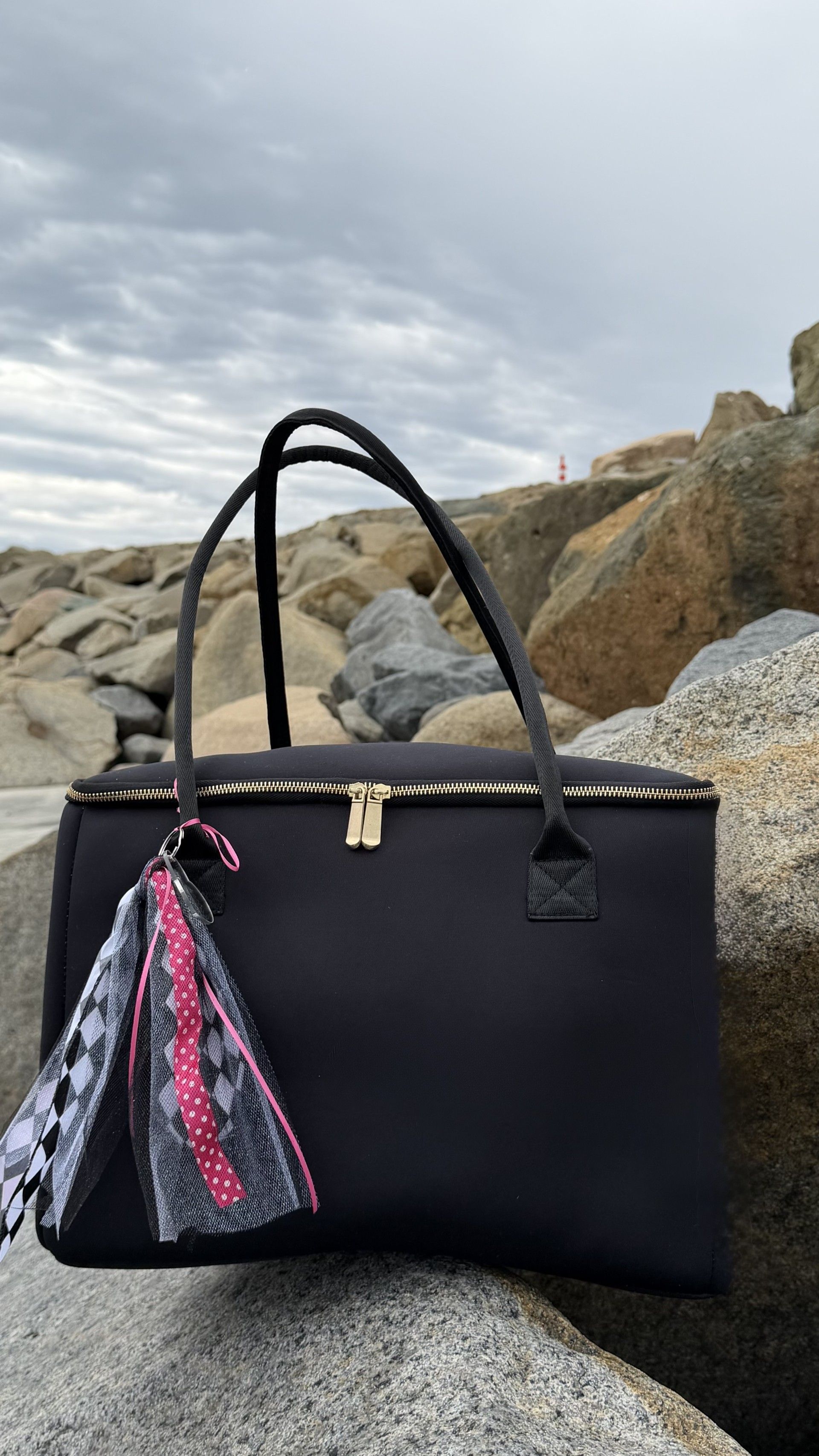 Stever Co insulated tote bag handles against coastal sky and rocky beach landscape