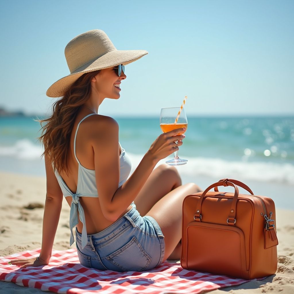 Customer enjoying beach day with The Stever Co insulated tote bag