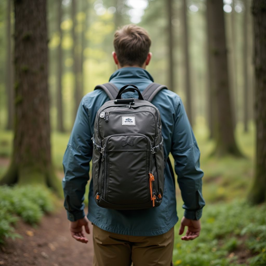 Man walking outdoors with backpack in the woods