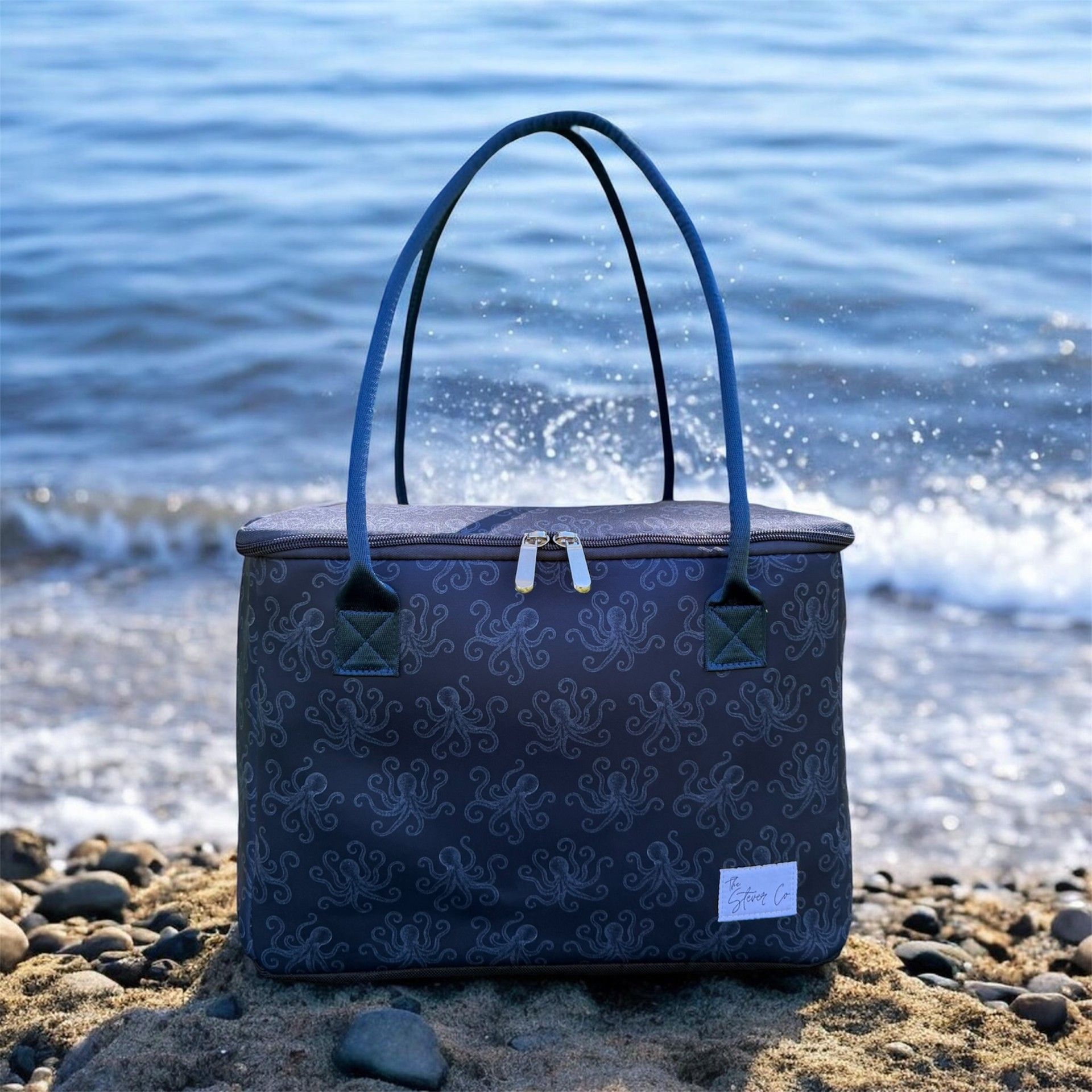 Tentacle & Tide insulated tote bag by The Stever Co navy octopus pattern handle detail