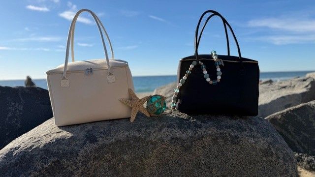 Salt & Stone and Birdie insulated tote bags by The Stever Co on Carlsbad beach rock