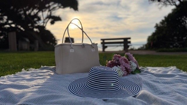 Salt & Stone insulated tote bag by The Stever Co styled for Del Mar beach picnic