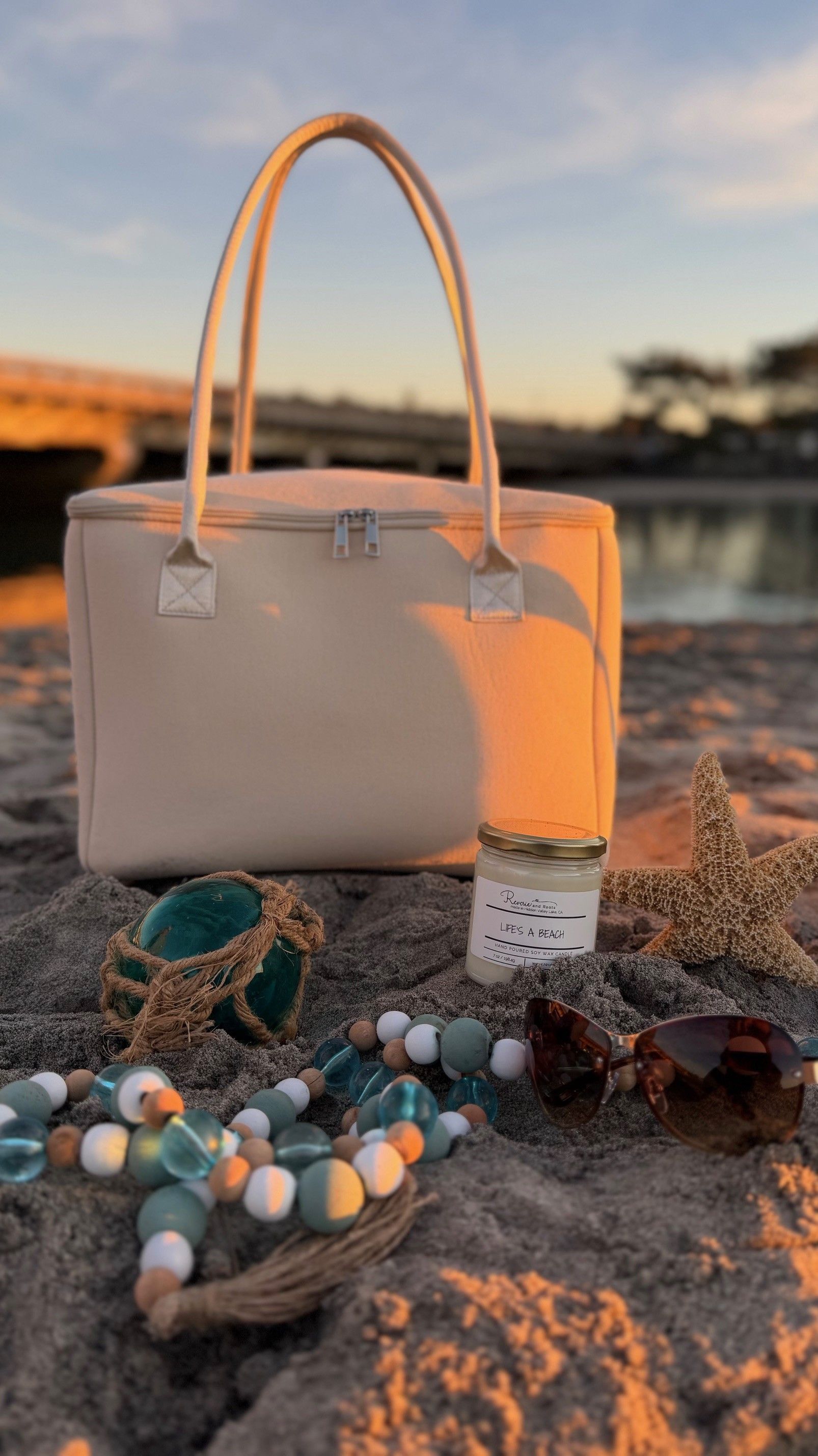 Salt & Stone insulated tote bag by The Stever Co at Del Mar beach sunset