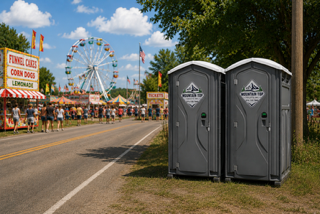 Row of blue portable toilets along a curb beside greenery