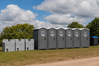 White portable trailer unit on a lot with a city skyline in the background, under a blue sky.