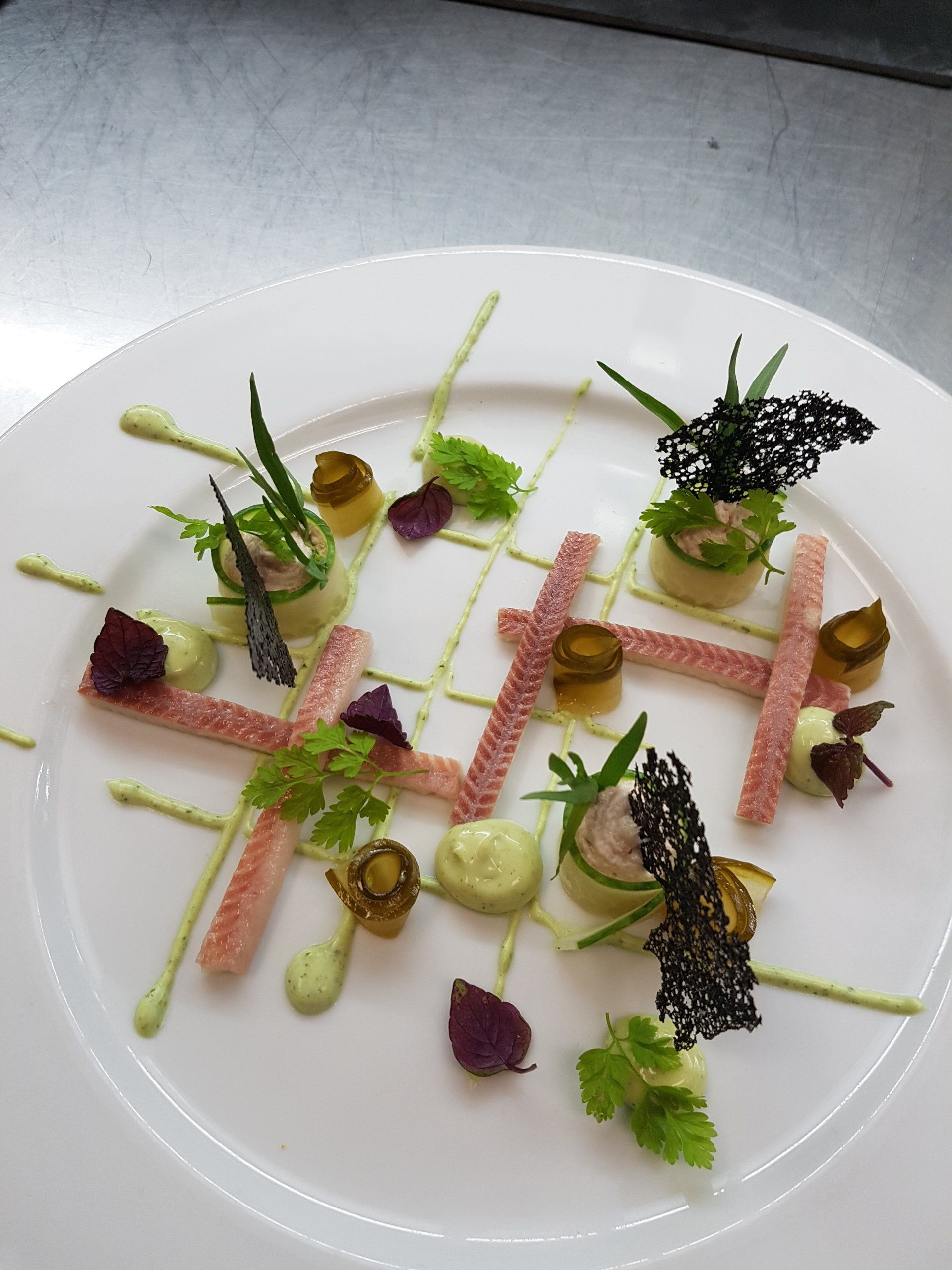 Gourmet plate of food: pink crackers, green sauce, small pickled items, and black crispy garnish on white plate.
