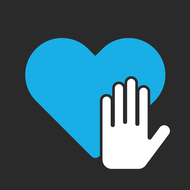 A hand is touching a blue heart on a black background.