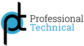 The logo for professional technical is blue and black.