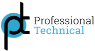 The logo for professional technical is blue and black.