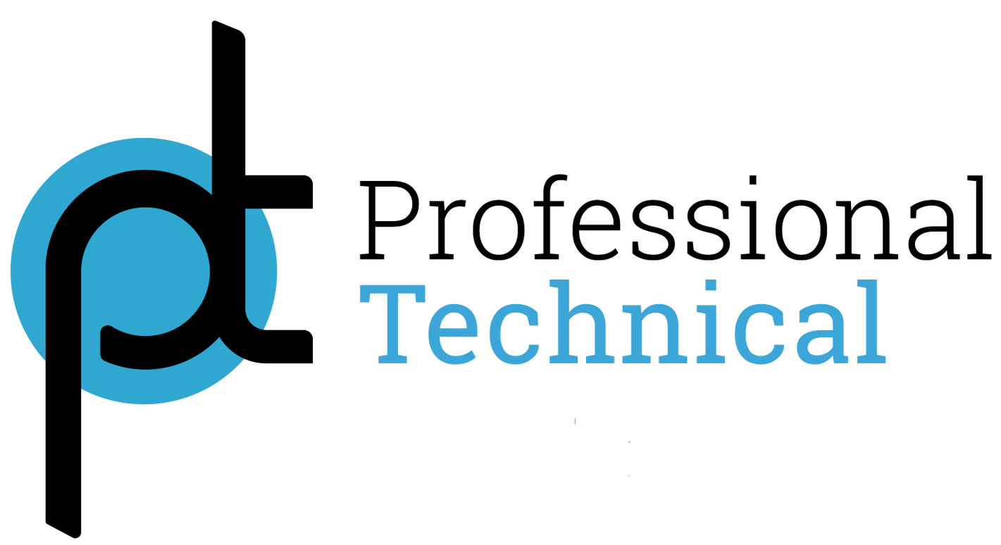 The logo for professional technical is blue and black.
