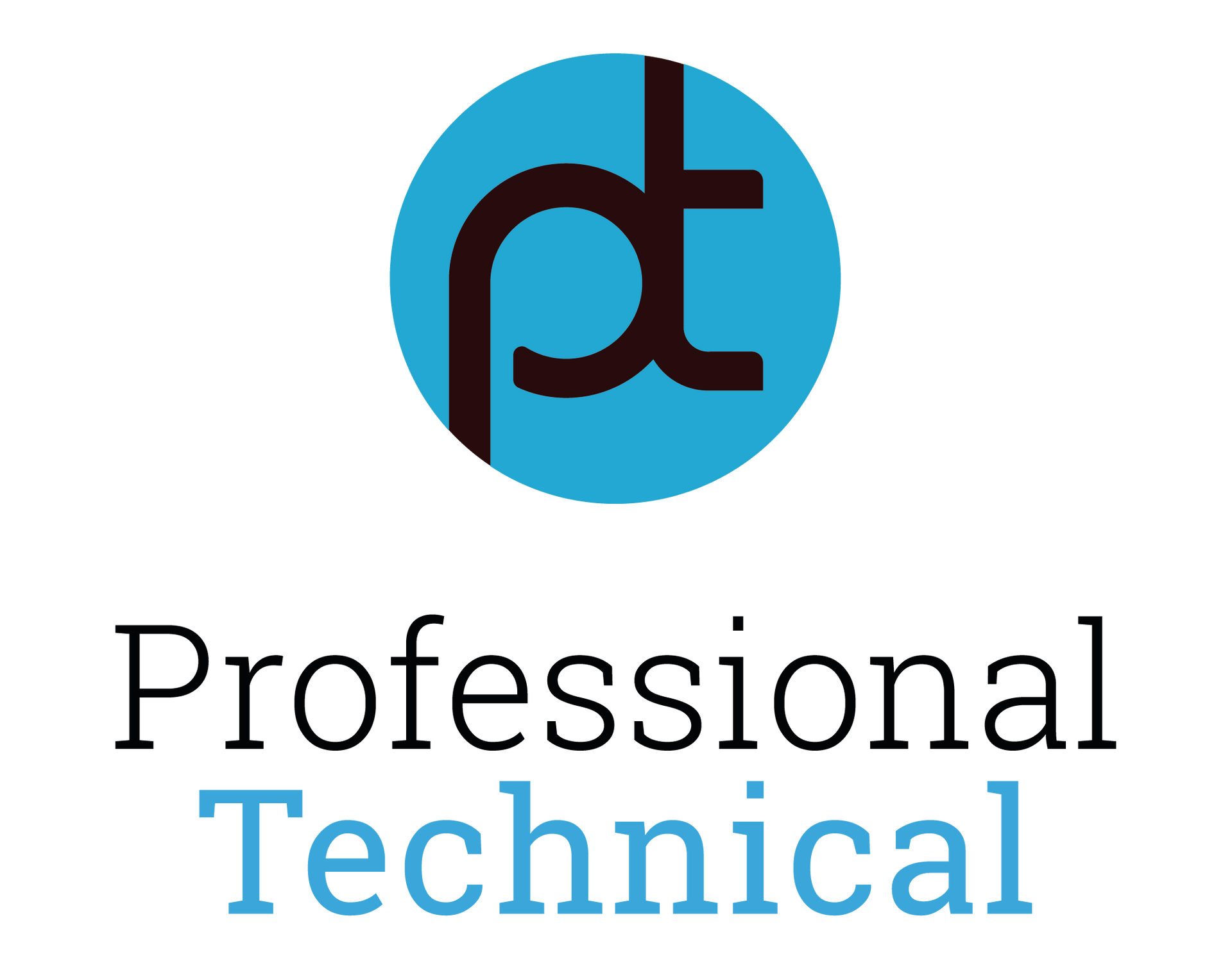 The logo for professional technical is blue and black.