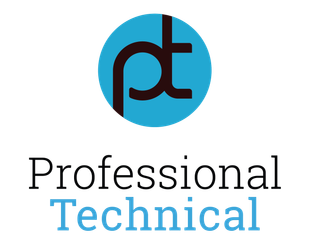 The logo for professional technical is blue and black.