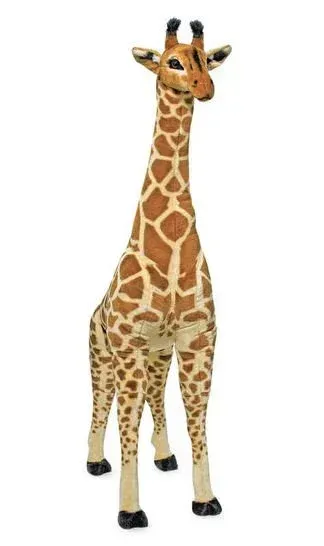 Stuffed giraffe with brown and white spots, standing upright.