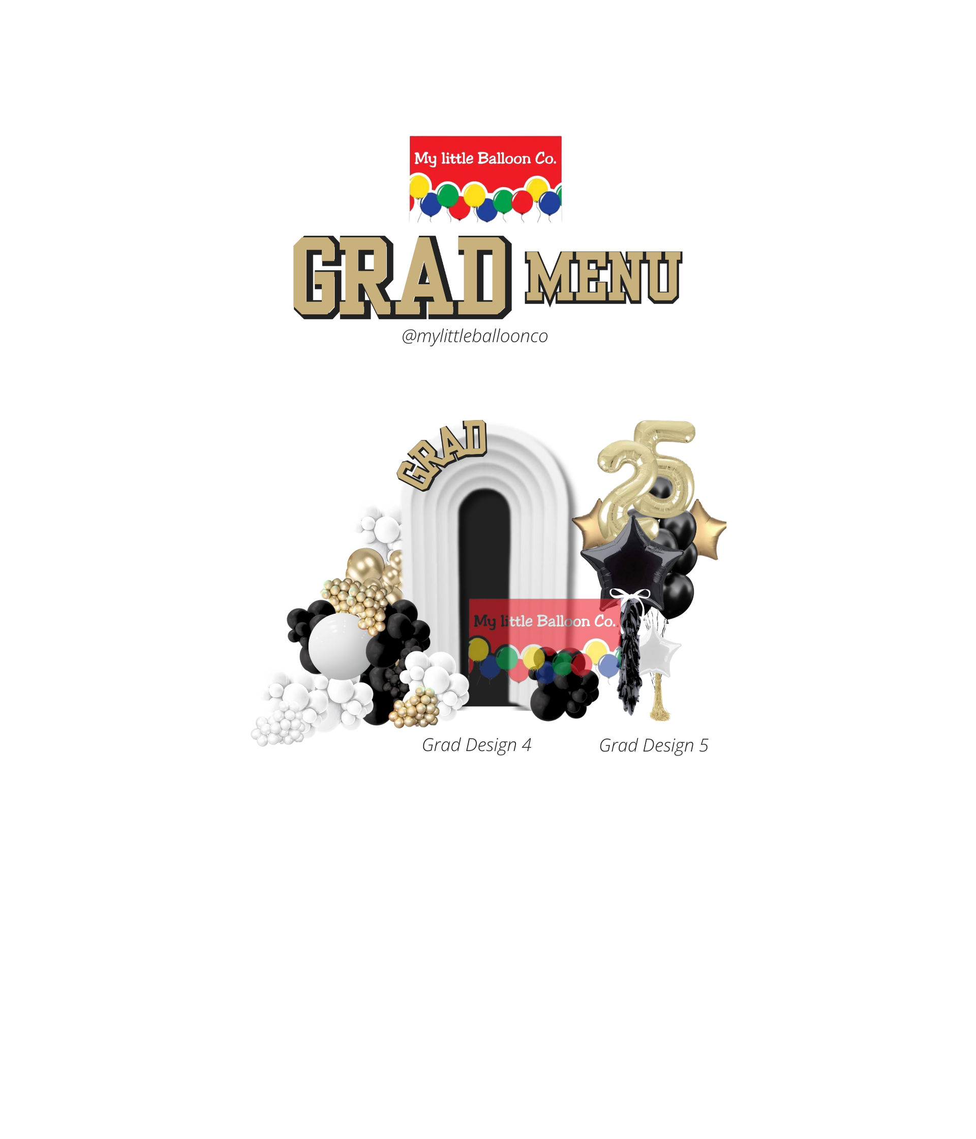 Graduation party decor with black, white, and gold balloons, arches, and 