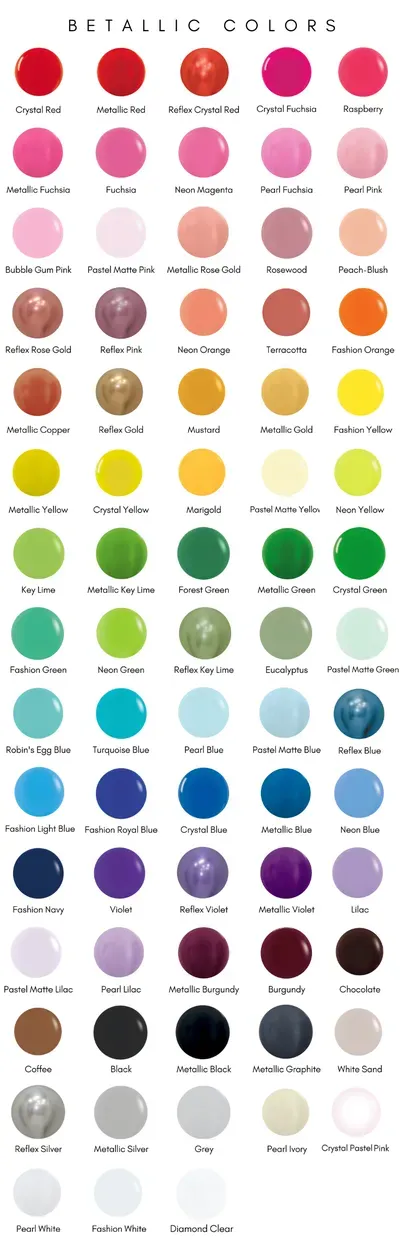 Color chart with various shades, arranged in rows and columns. Each color displayed as a circle.