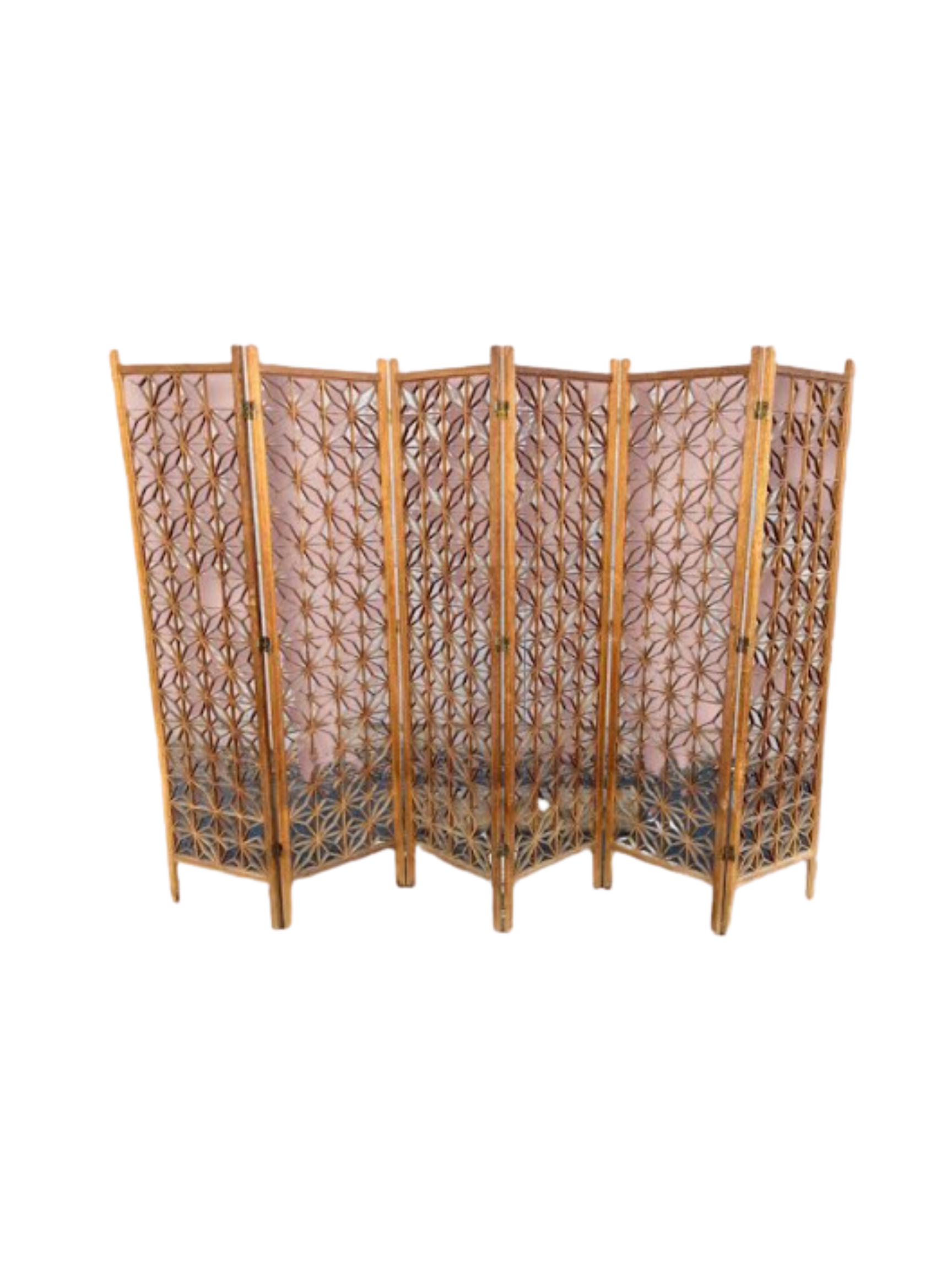 Folding room divider with wooden frame and intricate patterned screen.