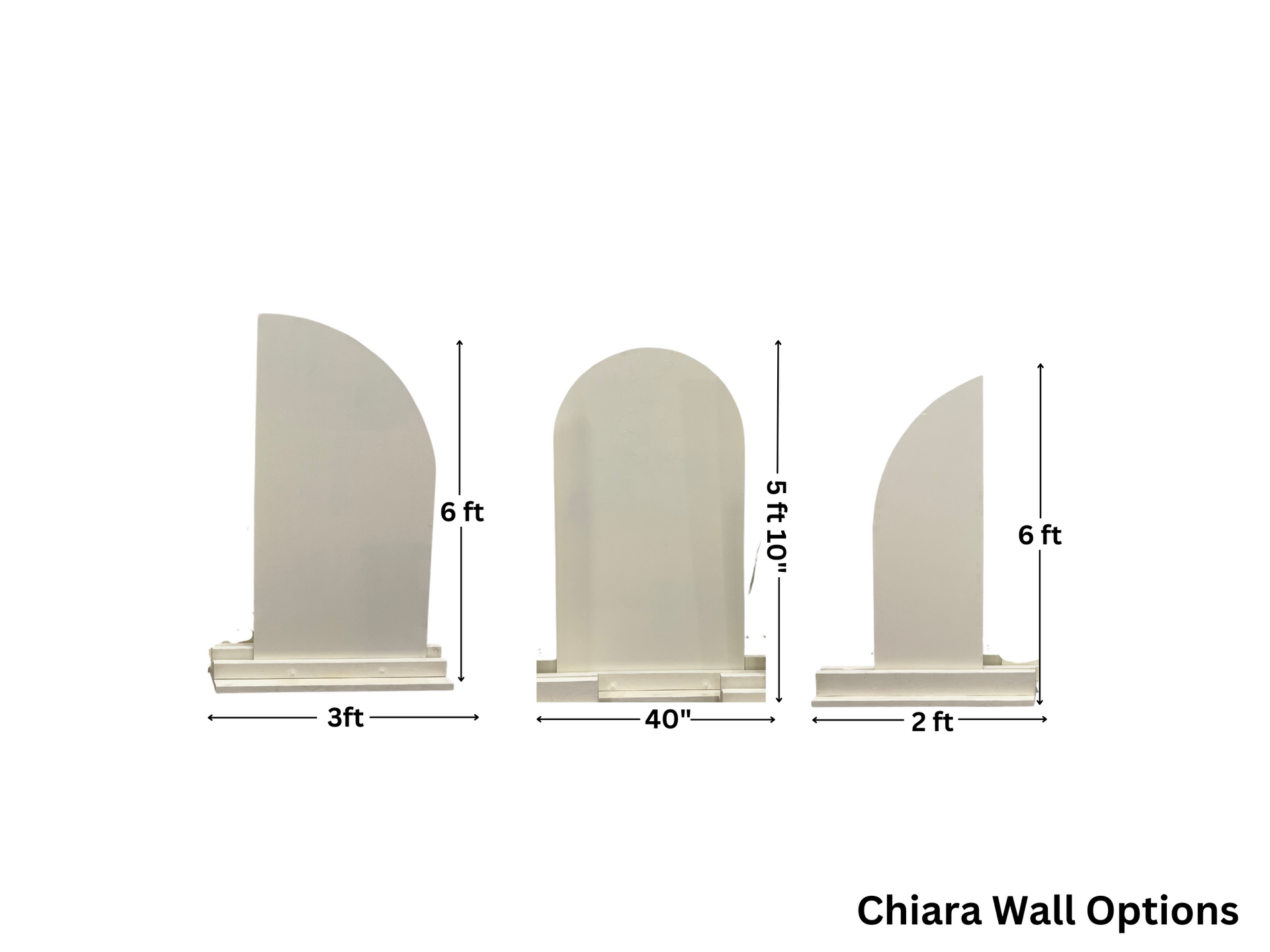 Three beige Chiara walls of varying sizes; each with a curved top and a base, labeled with dimensions.