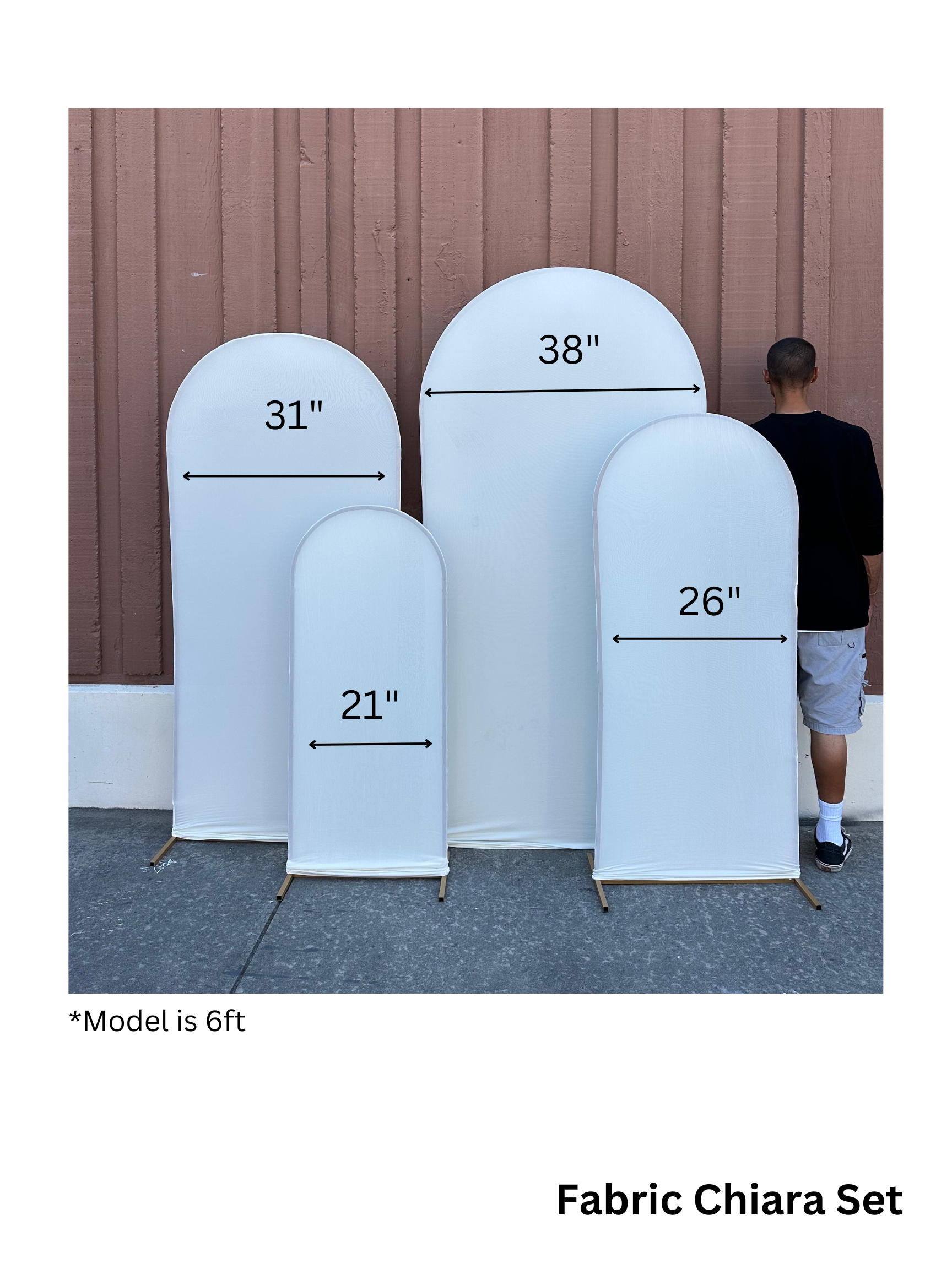 Fabric Chiara backdrop set with measurements displayed, man standing next to it.