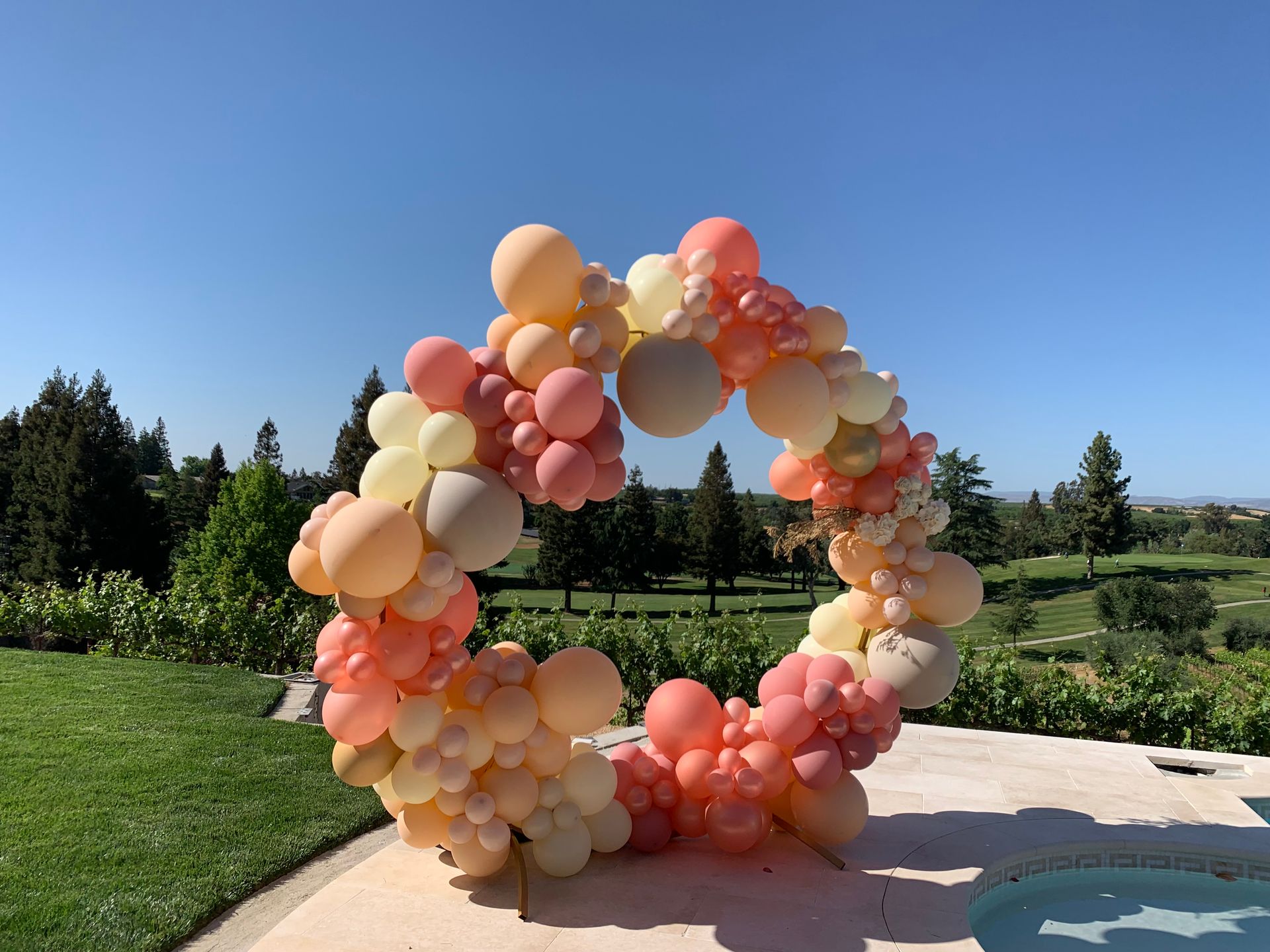 A ring of peach and cream balloons sits outdoors, under a clear blue sky.