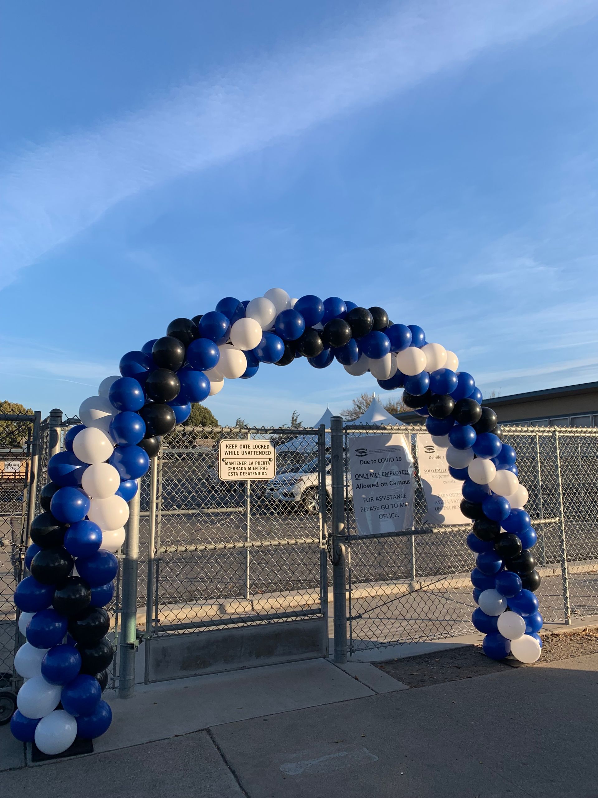 Blue, white, and black balloon arch over a gate, set against a blue sky.