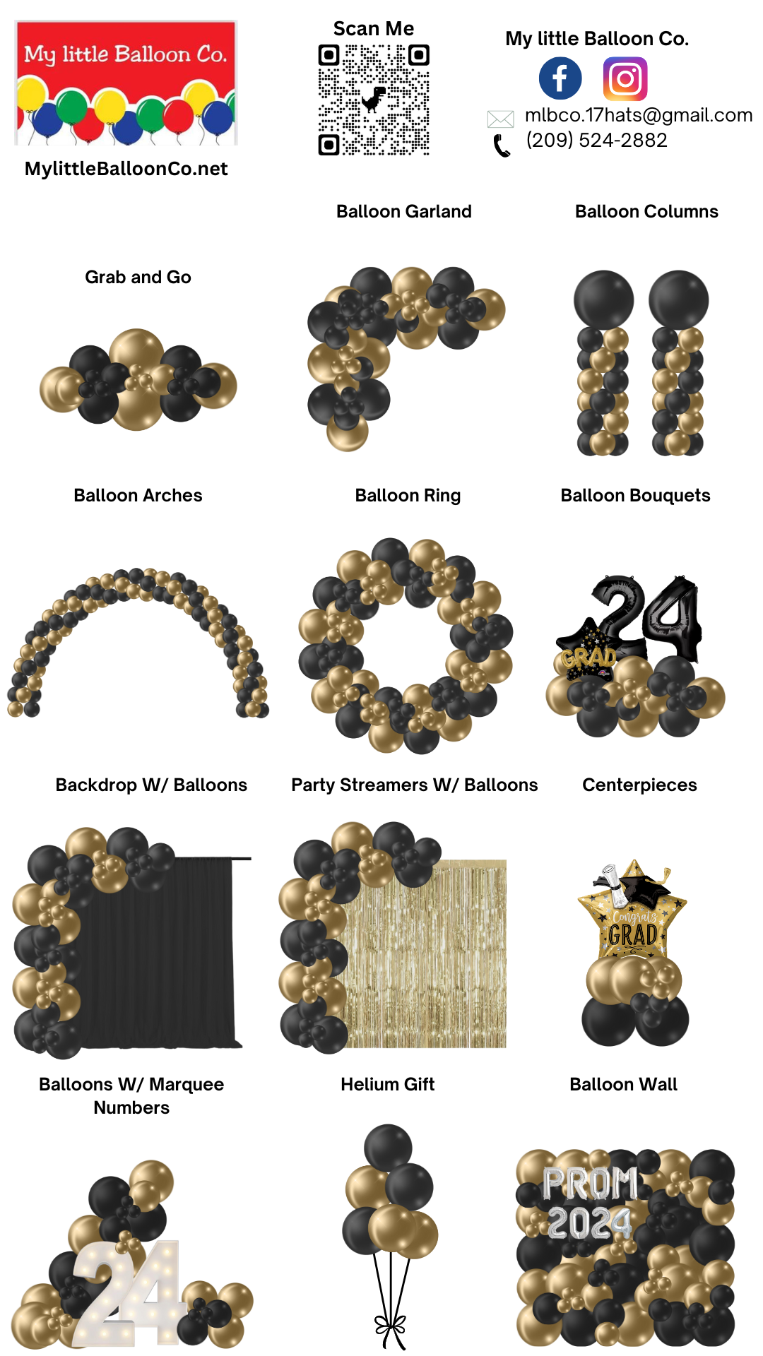 Black and gold balloon decorations for various events, including arches, bouquets, and columns.