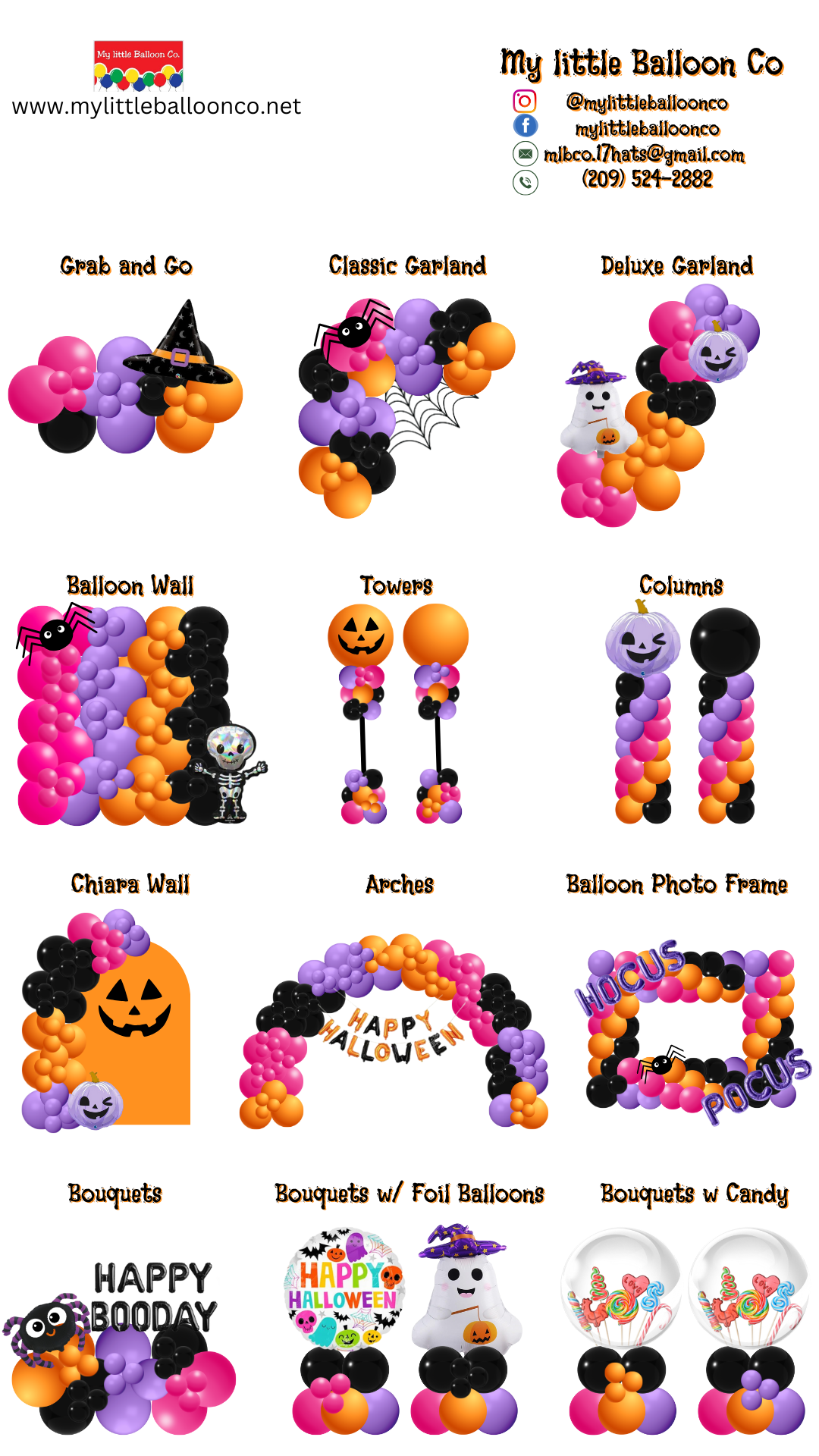 Halloween balloon decorations: arches, columns, walls, and bouquets in orange, black, purple, and pink.