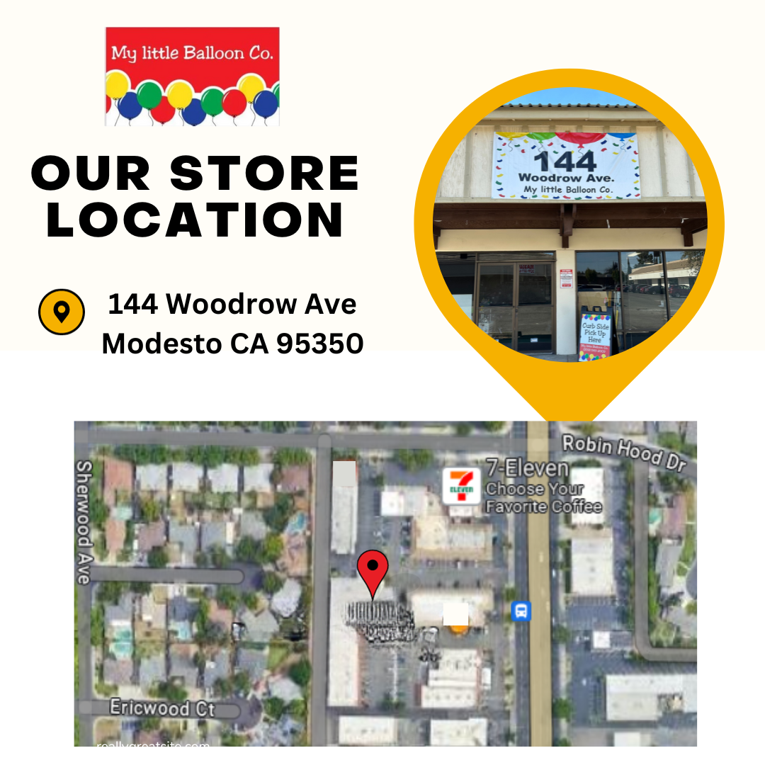 My Little Balloon Co. store location: 144 Woodrow Ave, Modesto, CA. Includes store photo and map pin.