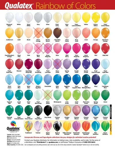 Color chart of Qualatex balloons in various shades, with certain colors crossed out.