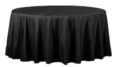 Black round tablecloth draped over a table.