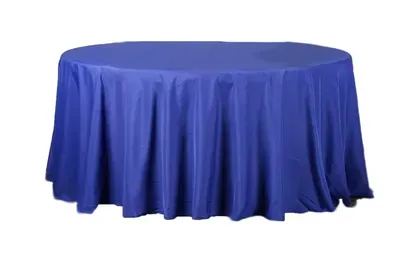 Blue tablecloth draped over an oval table.