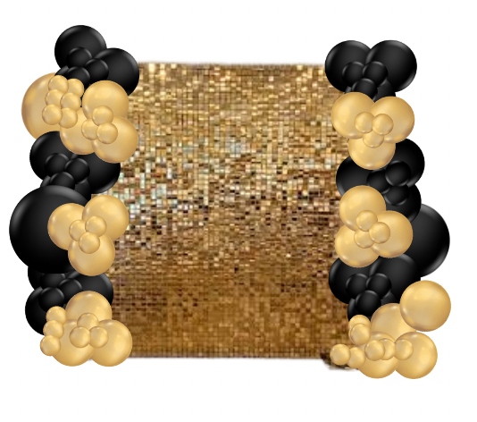 Black and gold balloon arch framing a gold sequin backdrop.