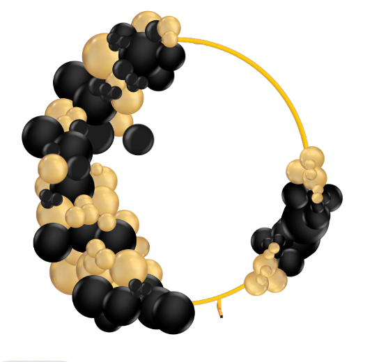 Gold hoop with black and gold balloon garland.