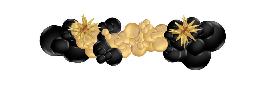 Black and gold balloon garland on a white background.